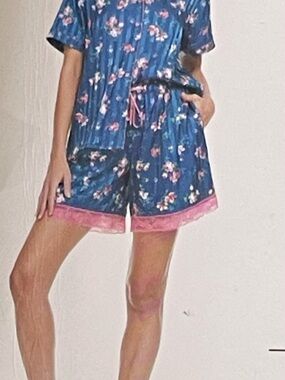Flora Nikrooz Navy Floral Short Pajama Set with Pink Trim